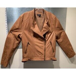Corbani Quilted Shoulder Brown Asymmetrical Leather Womens Moto Jacket Size XL